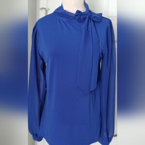 Cable And Guage Blue Top. Medium. Sheer Sleeves And Collar.